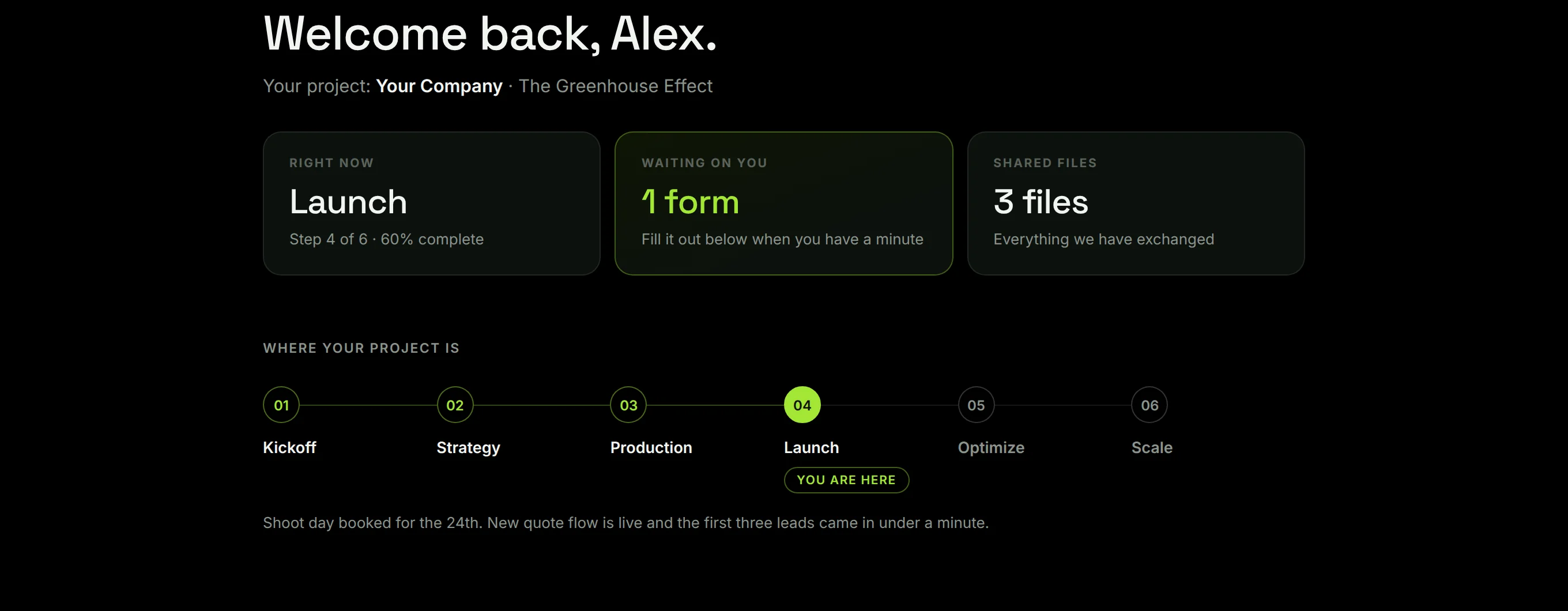 The donebyverde client portal showing project stage, forms and shared files